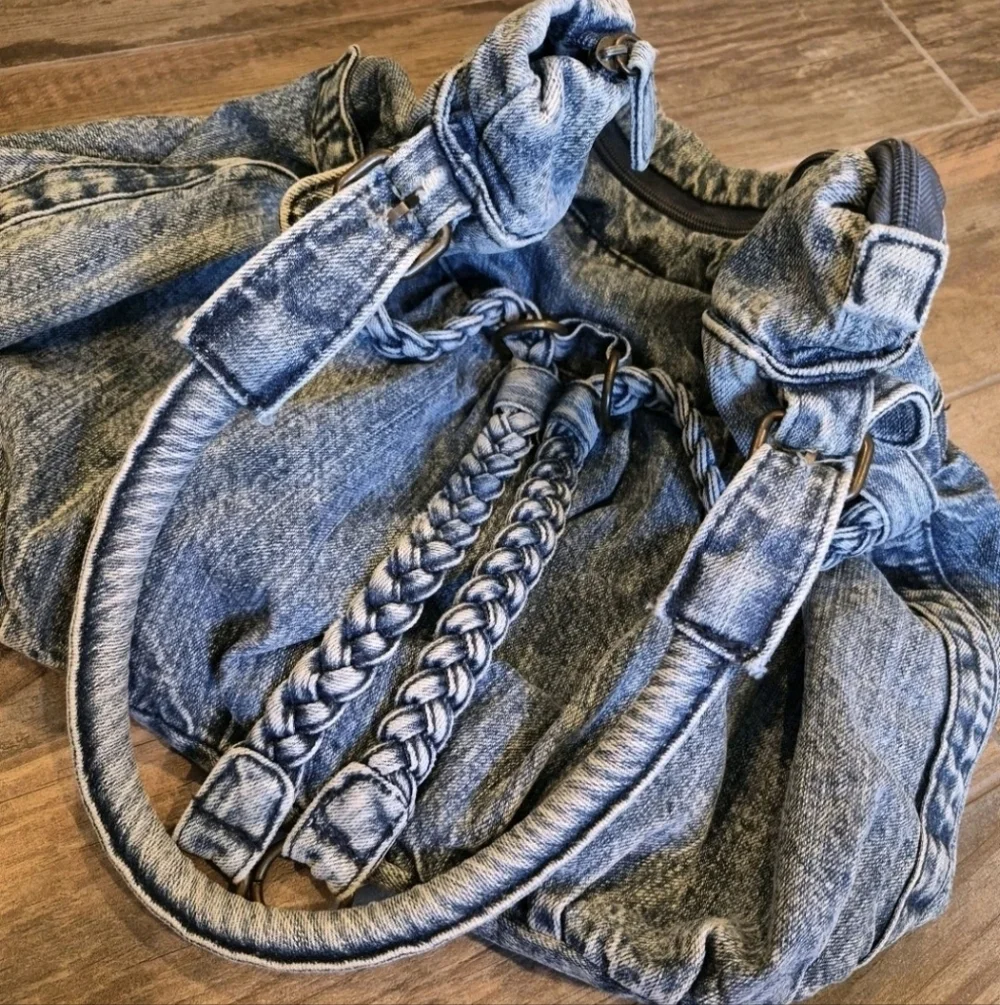 Vtg Denim Braided Detail Zipper Closure Boho Bohemian Hobo Shoulder Bag